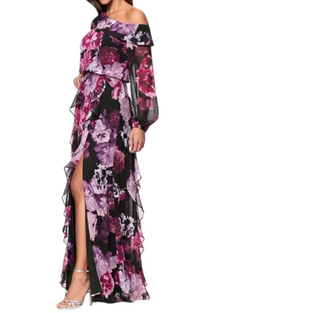 NWT XSCAPE Black Floral Sheer Long Sleeve Ruffle Detail Slit Dress Gown Size 6 - Picture 2 of 7